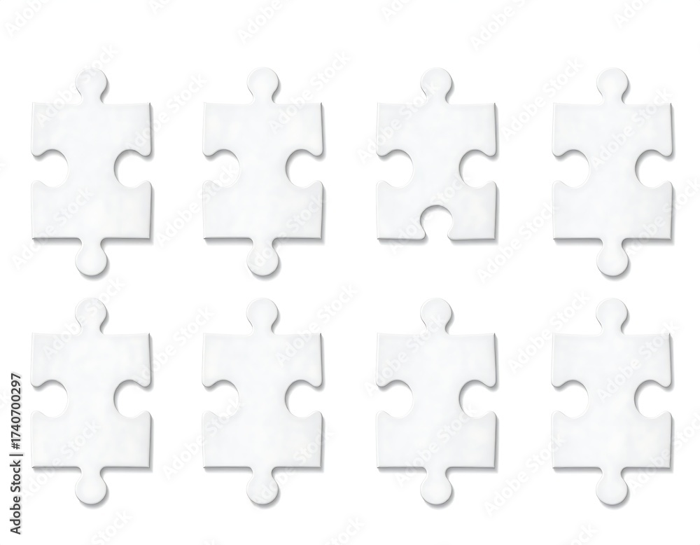 Fototapeta premium Six blank white jigsaw puzzle pieces arranged in a grid