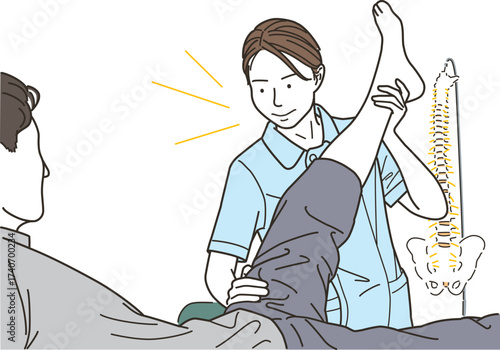 男性患者の脚のマッサージをする女性整体師
