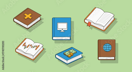 Educational and Business Books Vector Set with Icons for Finance, Technology, Literature, Geography, Sports, Health, Reading, and Learning Concepts