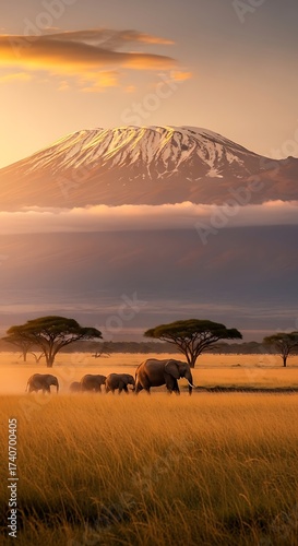 African Elephants and Mount Kilimanjaro Sunrise.