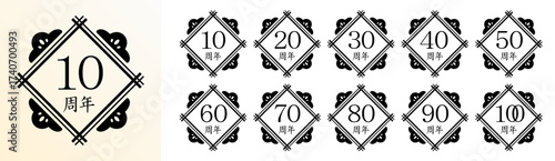 日本風の周年記念ロゴセット｜和柄の飾り枠を使った10周年から100周年までのモノクロアニバーサリーデザイン（ベクター）