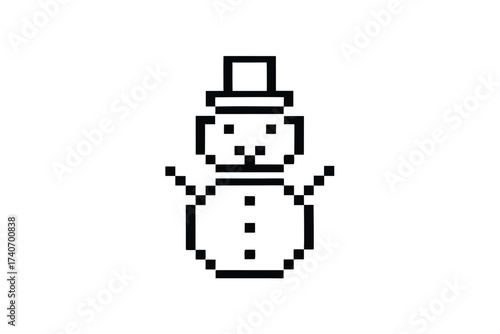 Pixelated Snowman Icon with a Hat, Simple Black Outline on White Background,