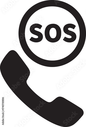 Call button silhouette with SOS letters symbolizing emergency alert and urgent help.