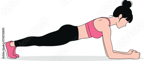 Woman Doing Forearm Plank Exercise in Gym – Core Strength Training, Fitness Pose, Workout Routine, Healthy Lifestyle, Athletic Female Vector
