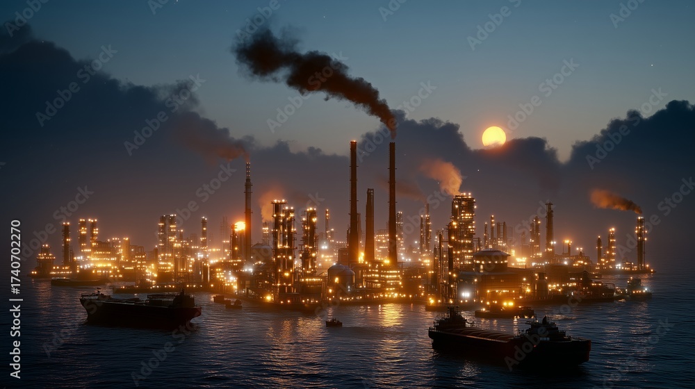 Fototapeta premium Oil refinery at night with glowing lights and smoke stacks, industrial energy concept