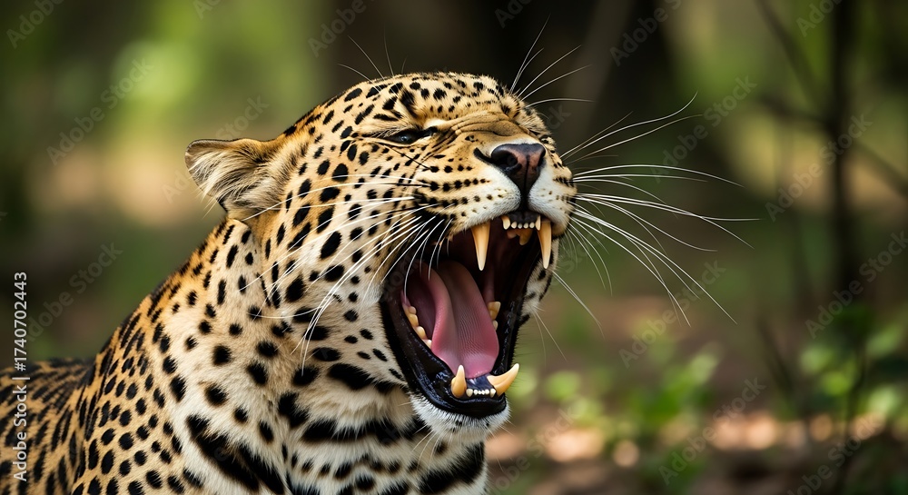 Naklejka premium Close-up Portrait of a Yawning Leopard with Sharp Teeth and Rosy Tongue in Natural Habitat