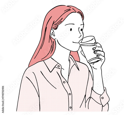 コップの水を飲む女性の線画イラスト,水分補給,健康,美容,シンプル