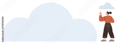 Person pointing at a small cloud beside a large blue cloud shape. Ideal for technology, cloud computing, imagination, innovation, creativity, simplicity, abstract concepts. A simple flat metaphor