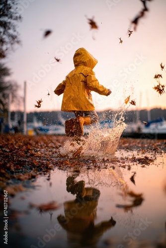 child in yellow raincoat jumping puddle autumn leaves splash reflection sunset outdoor play concept of childhood lifestyle seasonal marketing