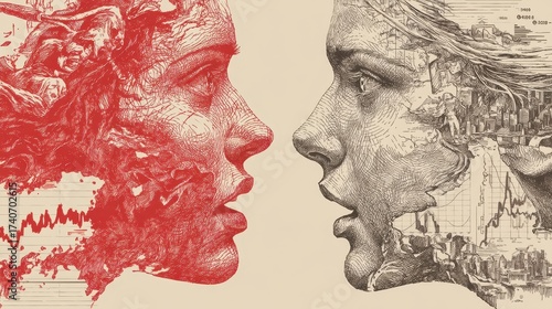 Two women profiles with contrasting internal imagery of conflict and business data