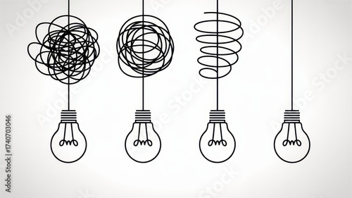Minimalist line art of light bulbs showing progression from chaos to clarity ideas