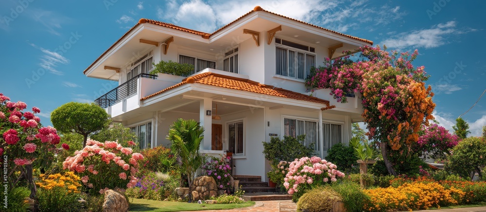 Fototapeta premium Beautiful residential house with orange roof and vibrant flower garden under blue sky