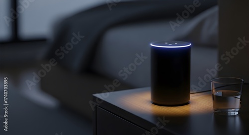 Close-up of a smart speaker device with a glowing light ring on a bedside table in a dark, modern bedroom at night