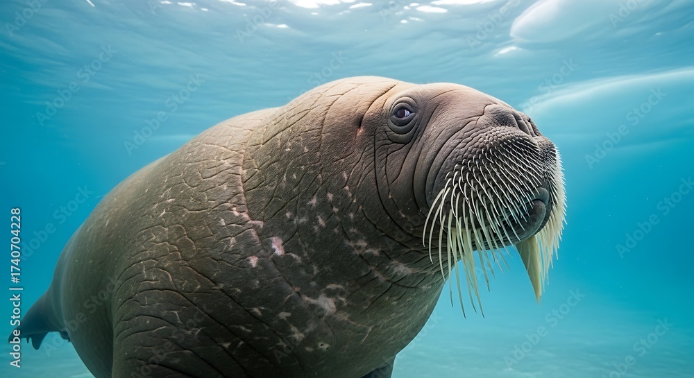 Fototapeta premium Close-up underwater portrait of a walrus with long tusks and whiskers in clear blue water