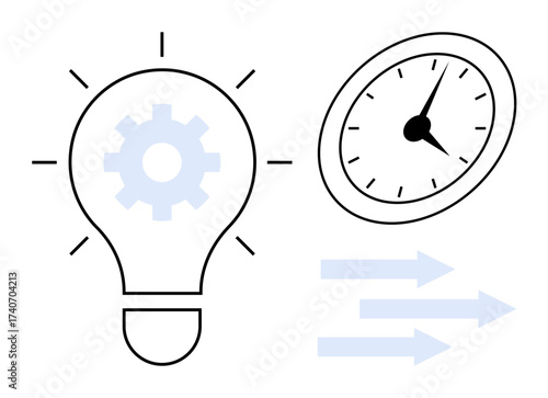 Light bulb with gear symbolizing ideas and innovation, clock showing time awareness, arrows for progress. Ideal for creativity, time management, efficiency, workflow, innovation, planning