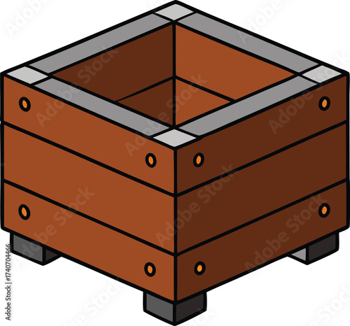 Brown wooden crate box with metal reinforcement vector illustration scalable eps isolated on transparent background