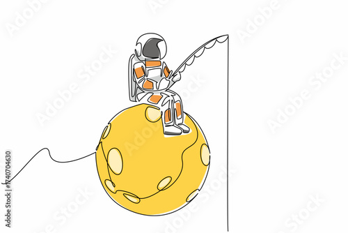 Continuous one line drawing astronaut fishing while sitting on full moon. Symbolism of releasing boredom, sleepiness and fatigue. National Astronaut Day. Single line draw design vector illustration