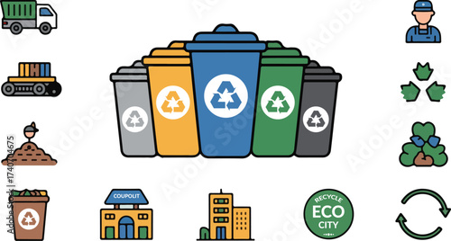 Municipal Waste Management Icons – Color-Coded Bins, Collection Truck, Sorting System – City Recycling Program Vector Kit