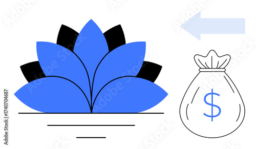 Lotus flower symbolizing growth and success, money bag representing wealth, blue arrow pointing towards opportunity. Ideal for finance, investment, success, growth, prosperity, opportunity