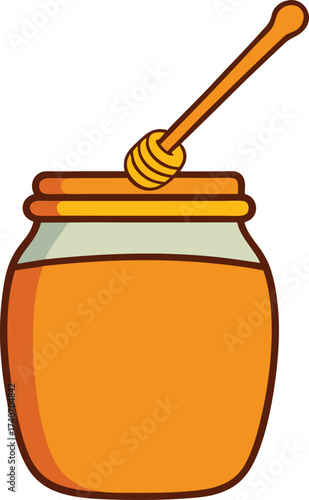 Golden honey jar illustration with wooden dipper for sweetness and food projects isolated on transparent background
