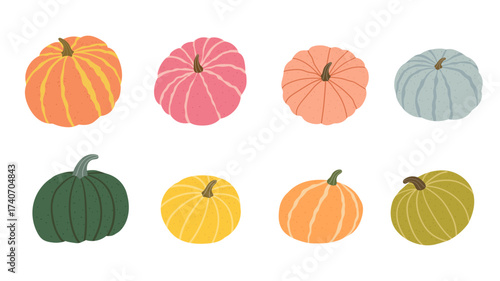 Colorful pumpkins set in pastel shades. Hand-drawn doodle pumpkins in various shapes and sizes. Autumn harvest. Vector illustration, flat, doodle. Thanksgiving, Halloween, stickers, seasonal designs