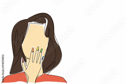 Continuous one line drawing the young beautiful woman covers her mouth with her hand. Posing. Showing off the charm of beauty. Fashionable. Cute. Nail Day. Single line draw design vector illustration