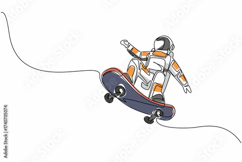 Single continuous line drawing astronaut is playing skateboard. Playing extreme sports in a vacuum. Stay healthy while exploring space. National Astronaut Day. One line design vector illustration