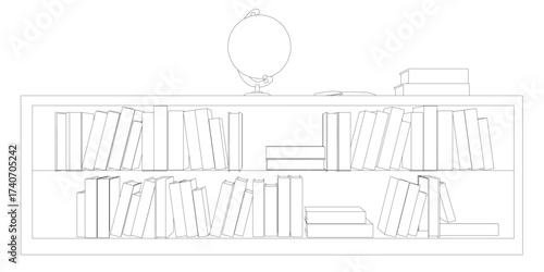 A black and white contour drawing of a bookshelf filled with neatly arranged books and a globe placed on the top center shelf.