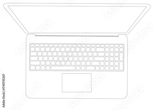 Laptop computer with black contour outline on a white background, featuring a keyboard and sleek modern design. Top view