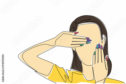 Single one line drawing the beautiful and fashionable woman covers her cheeks and eyes with her hands. Look different and full of confidence. Nail Day. Continuous line design graphic illustration