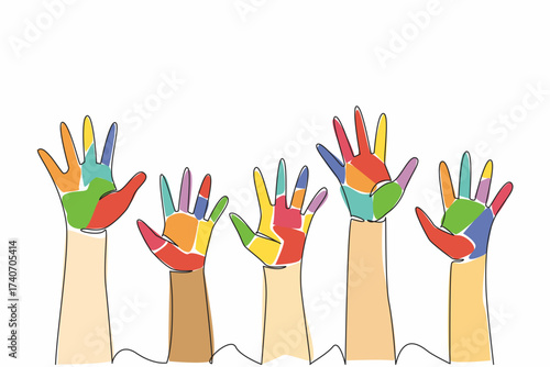 Single continuous line drawing 5 colorful open palms raised at varying heights. A symbol of freedom and happiness. Cheerful together. Friendship. Day of Children. One line design vector illustration