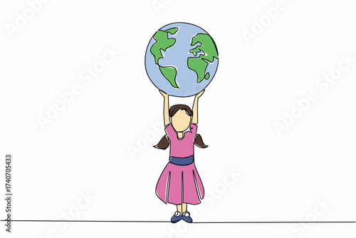 Single one line drawing a girl holds up a large globe. The world is more colorful without violence against girls. Protect her rights. Day of Children. Continuous line design graphic illustration