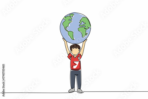 Continuous one line drawing boy lifting big globe. Respect rights of children, their world should be full of joy. Treat it as it should be. Day of Children. Single line draw design vector illustration