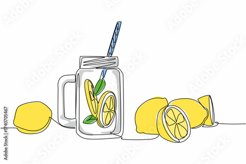 Single one line drawing lemonade, lemon slices and leaves in a mug. Simple healthy drink recipes to maintain body immunity. Sweet. National Lemonade Day. Continuous line design graphic illustration