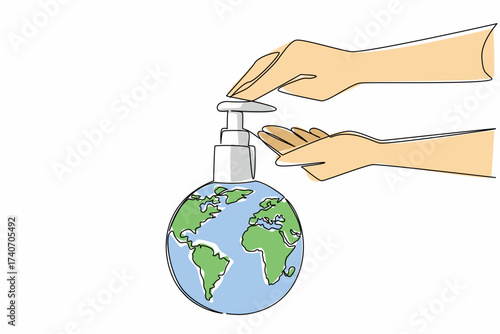 Single one line drawing globe topped with the top of soap bottle. Global concern requires hand washing. For healthy living. Protect. World Hand Hygiene Day. Continuous line design graphic illustration
