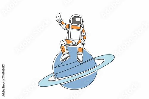 Single continuous line drawing the astronaut sitting on planet Saturn while his fingers form a thumbs up gesture. Relax before exploring. National Astronaut Day. One line design vector illustration