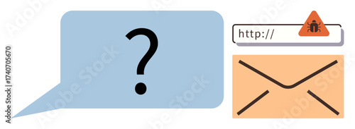 Question mark in a message bubble, warning sign over a malicious URL, and an envelope for phishing email. Ideal for online security, data breaches, internet scams, phishing threats, malware