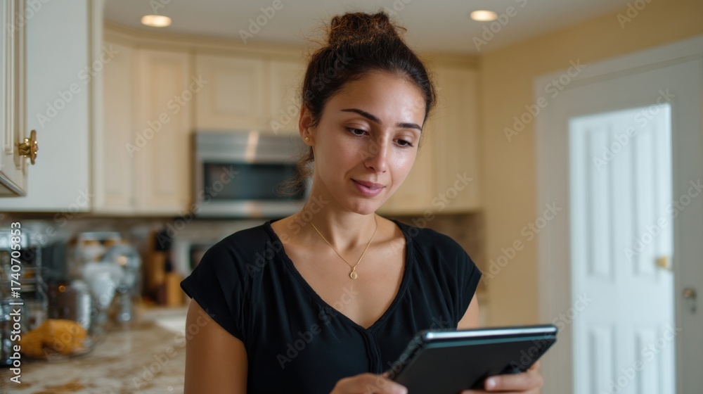 Fototapeta premium Brunette woman of Middle Eastern descent using a tablet in her well-lit home kitchen.