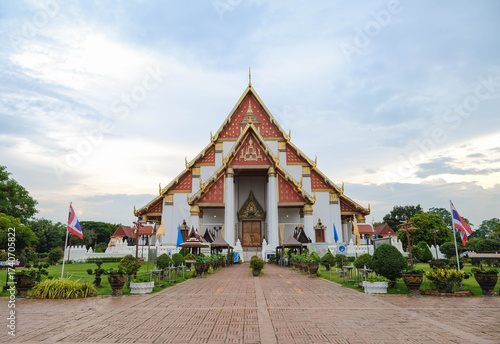 Front of Wihan Phra Mongkhon Bophit in the evening, a Thai temple in Ayutthaya.