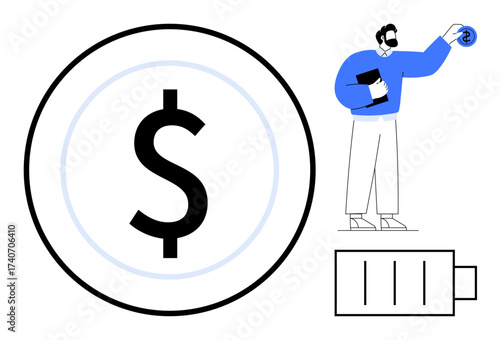 Business figure holding coin toward dollar icon and battery symbol, laying emphasis on financial growth and resource management. Ideal for economics, investment, energy, finance, budgeting