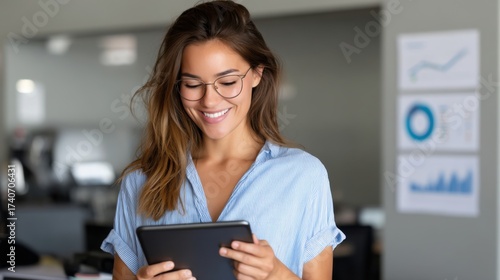 Cheerful businesswoman in office reading digital reports on tablet, tracking goals. 