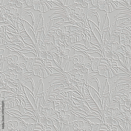 Seamless monochrome line art textured pattern with a 3D embossed tropical floral design. With relief of palm leaves, monstera and hibiscus flowers on light gray background. Elegant wallpaper texture.