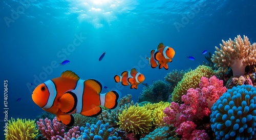 Wallpaper Mural Clownfish Paradise - Vibrant Coral Reef Ecosystem with Colorful Marine Life. Torontodigital.ca