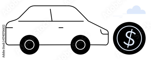 Minimalist car outline next to a large coin with dollar sign. Ideal for car loan, insurance, cost comparison, finance, leasing, automobile investment, transportation budgeting. Simple flat metaphor