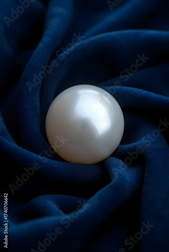 White pure pearl on dark blue velvet satin fabric with abstract round elements, lighting studio.