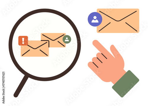 Focused magnifying glass examining emails with icons for alerts and users. Hand pointing at messages. Ideal for email management, communication, organization, digital marketing, alerts, task