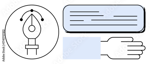 Pen tool in a circle, rectangle-shaped text box with lines, and a simplified hand. Ideal for digital art, editing, content creation, communication, UX design, technology workflow simple flat