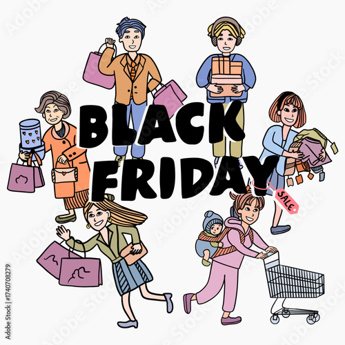 black friday sale shopping flat design vector cute cartoon crowd illustration for discount promotion and holiday retail marketing