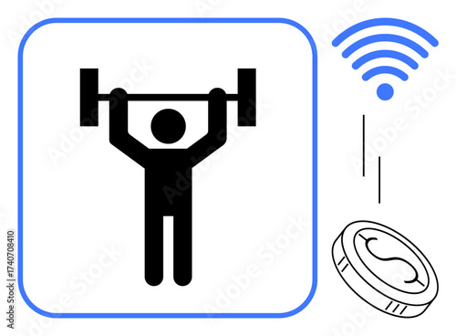 Weightlifter raising a barbell beside a wireless signal and smartcoin. Ideal for fitness, IoT, technology, health tracking, digital payments, sports innovation, strength training. Simple flat