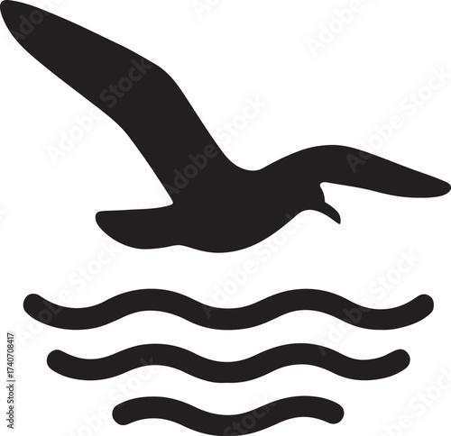Elegant seagull flying over ocean waves outline vector, perfect for coastal, summer, and travel designs.